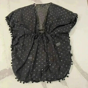 Club Z Collection Black Sheer Cinch Waist Pompom Trim Swim Cover Up Women Medium